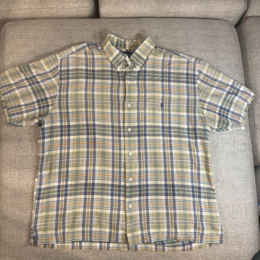 Ralph Lauren Men's XL Plaid Short Sleeve Button Down Shirt Green Blue Cotton